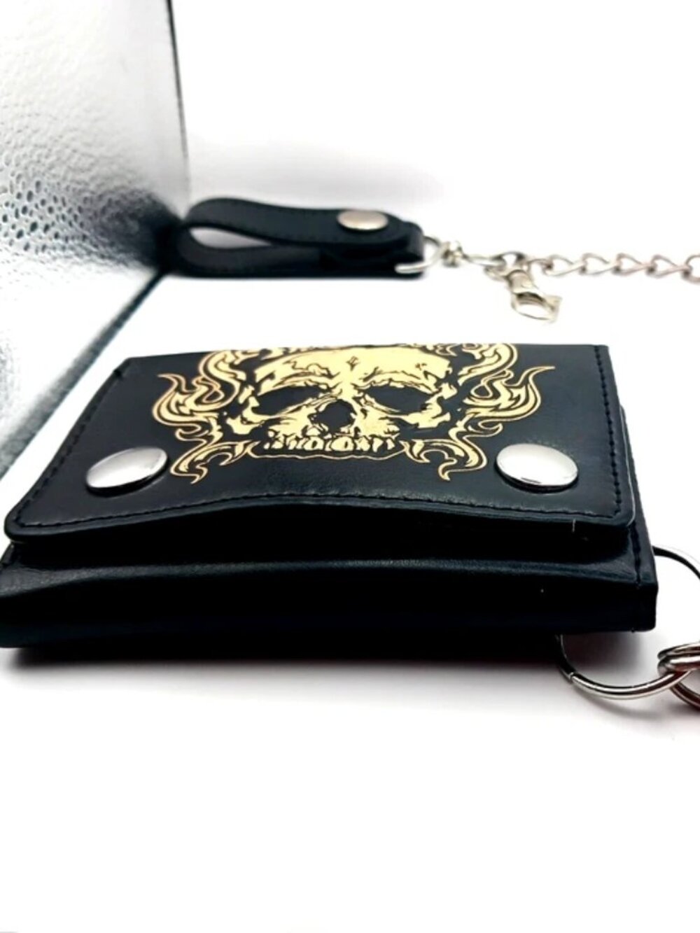 Skull Print Tri Fold Black Vegan Leather Wallet with Chain-Black + Gold